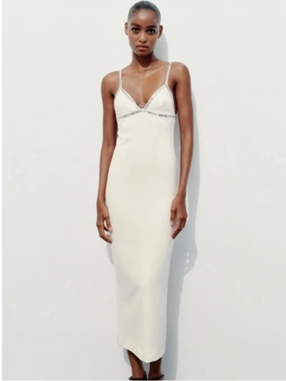 Zara Cream Slip Midi Dress with Decorative Trim